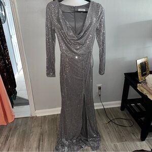 Elegant Silver Sequin Evening Gown